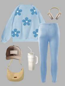 Girls' 2pcs Cute Floral Print Crewneck Long Sleeve Sweatshirt & Elastic Waist Pants Set, Casual Cozy Outfit For Back To School Daily Wear Fall Winter - Multicolor - View 3
