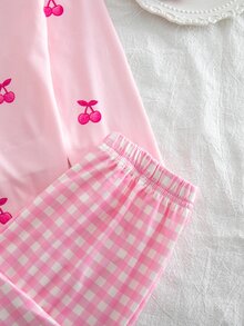SHEIN 秋冬四季女童幼兒薄款針織圓領櫻桃水果滿版數位印花長袖小格紋復古格紋褲 2件套睡衣居家服 - 彩色 - 查看 4