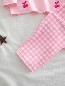 SHEIN 秋冬四季女童幼兒薄款針織圓領櫻桃水果滿版數位印花長袖小格紋復古格紋褲 2件套睡衣居家服 - 彩色 - 查看 7