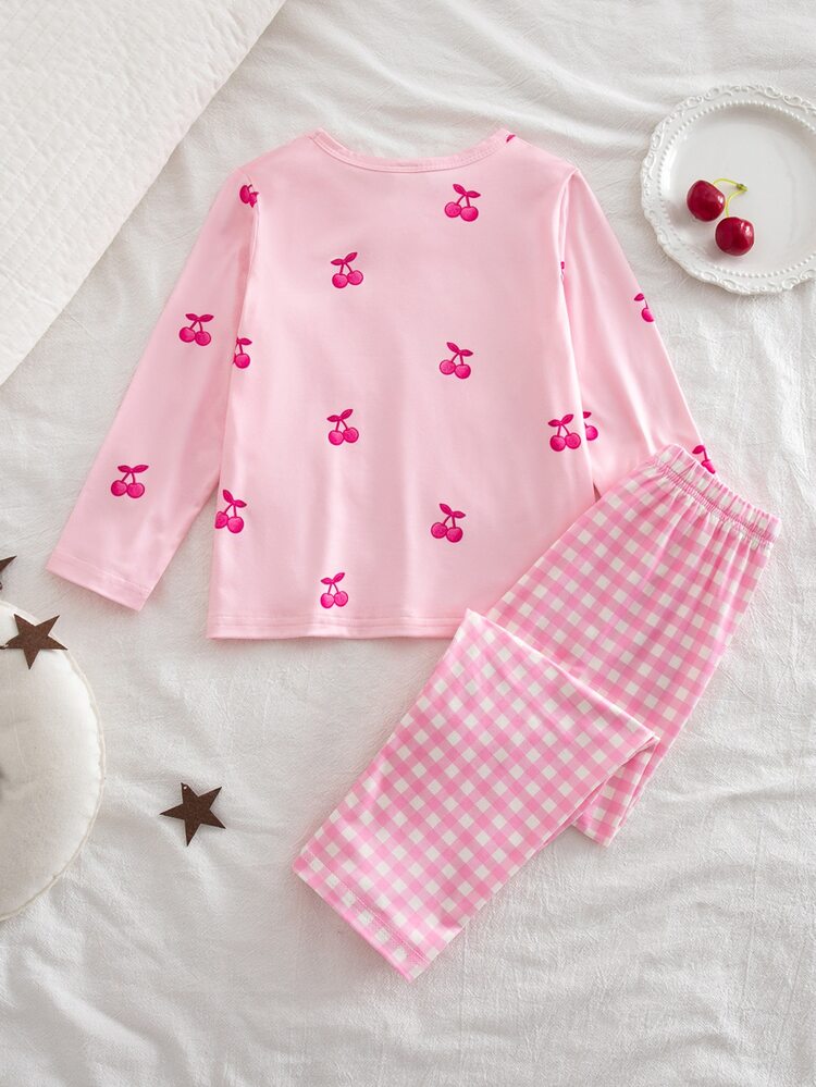 SHEIN Autumn/Winter All-Season Girls Toddler Thin Knit Round Neck Cherry Fruit All-Over Digital Print Pattern Long Sleeve Small Plaid Vintage Checkered Pants 2 Pieces Set Pajamas Loungewear - Multicolor - View 2