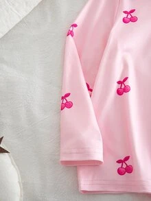 SHEIN 秋冬四季女童幼兒薄款針織圓領櫻桃水果滿版數位印花長袖小格紋復古格紋褲 2件套睡衣居家服 - 彩色 - 查看 6