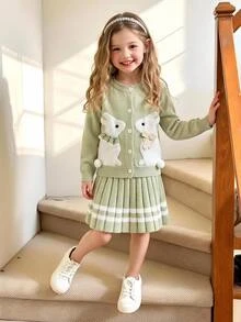 كارديجان أرنب للبنات الصغيرات مع تنورة مطوية، مناسب للربيع والخريف والشتاء والخروجات والحفلات والتسوق والملابس اليومية - أخضر - مشاهدة 1