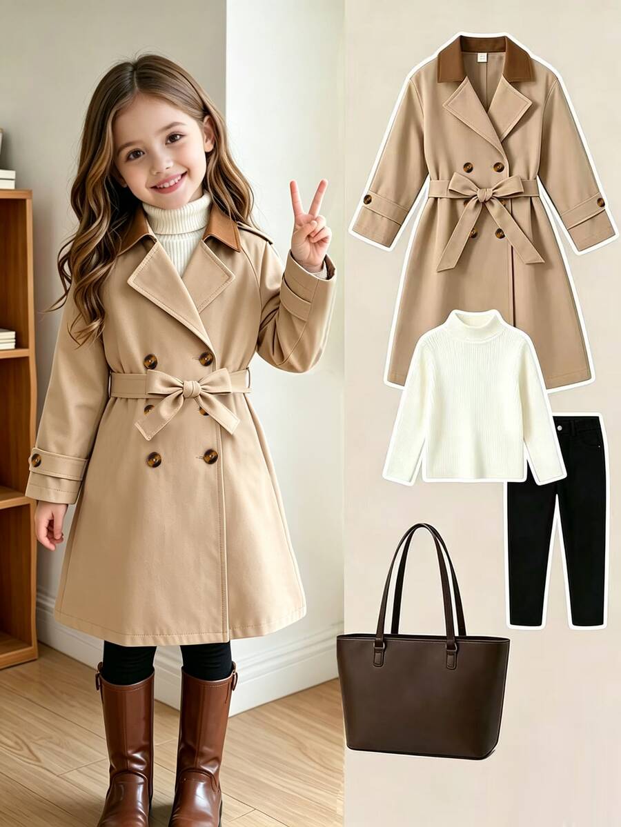SHEIN Elladie kids Young Girls New Classic Versatile Khaki Double-Breasted Trench Coat With Brown Fabric Contrast Collar Design, New Fall Looks, Autumn, Winter, Holiday - Khaki - View 1