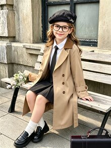 SHEIN Elladie kids Young Girls New Classic Versatile Khaki Double-Breasted Trench Coat With Brown Fabric Contrast Collar Design, New Fall Looks, Autumn, Winter, Holiday - Khaki - View 4