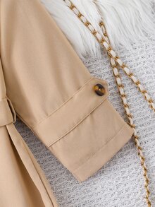 SHEIN Elladie kids Young Girls New Classic Versatile Khaki Double-Breasted Trench Coat With Brown Fabric Contrast Collar Design, New Fall Looks, Autumn, Winter, Holiday - Khaki - View 10