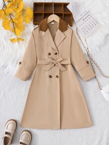 SHEIN Elladie kids Young Girls New Classic Versatile Khaki Double-Breasted Trench Coat With Brown Fabric Contrast Collar Design, New Fall Looks, Autumn, Winter, Holiday - Khaki - View 5
