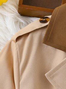 SHEIN Elladie kids Young Girls New Classic Versatile Khaki Double-Breasted Trench Coat With Brown Fabric Contrast Collar Design, New Fall Looks, Autumn, Winter, Holiday - Khaki - View 8