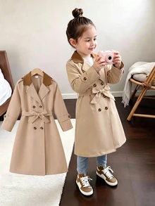 SHEIN Elladie kids Young Girls New Classic Versatile Khaki Double-Breasted Trench Coat With Brown Fabric Contrast Collar Design, New Fall Looks, Autumn, Winter, Holiday - Khaki - View 3