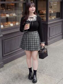 Bijouette Plus Size Women's Plaid Colorblock Long Sleeve Top And Mini Skirt Fashion 2 Pieces Set,Soft Fabric,Japanese Sweet Style Cute Kawaii,Going Out Birthday - Multicolor - View 5