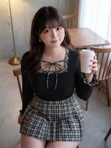 Bijouette Plus Size Women's Plaid Colorblock Long Sleeve Top And Mini Skirt Fashion 2 Pieces Set,Soft Fabric,Japanese Sweet Style Cute Kawaii,Going Out Birthday - Multicolor - View 2