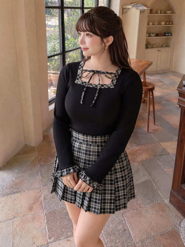 Bijouette 大尺碼女款格紋拼接長袖上衣與迷你裙時尚兩件套，柔軟面料，日系甜美可愛風，適合外出與生日穿著 - 彩色 - 查看 3