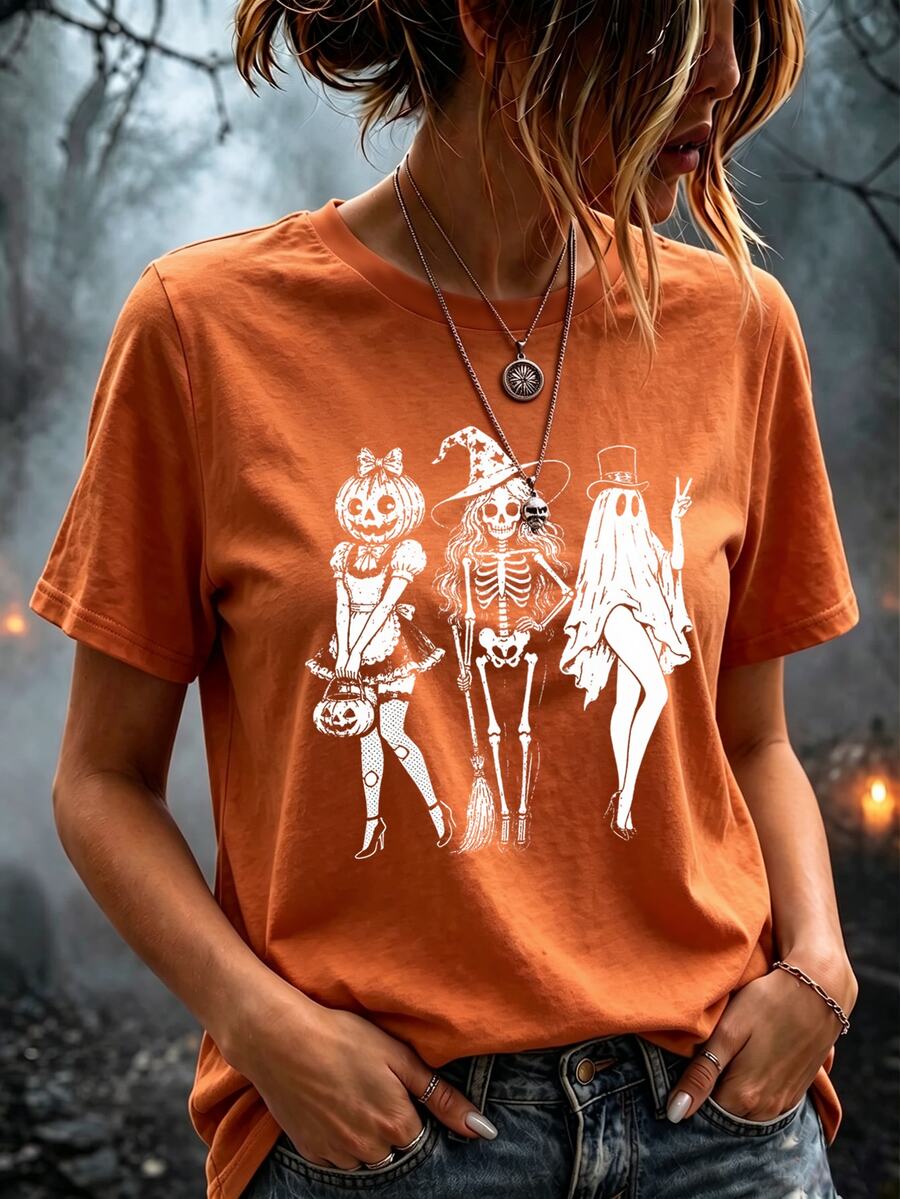 Breezaya 萬聖節 Spooky Girl Squad T恤-骷髏幽靈南瓜女巫 夏季生日度假 橘色休閒可愛風 - 珊瑚橙 - 查看 1