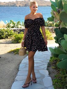 Sandy Gomes Resort Style Off Shoulder Ruffle High Waist Summer Beach Women's Dress - Black - View 2