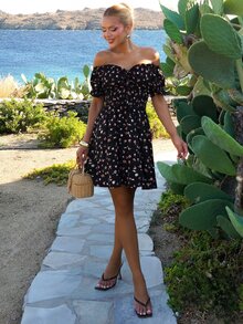 Sandy Gomes Resort Style Off Shoulder Ruffle High Waist Summer Beach Women's Dress - Black - View 4