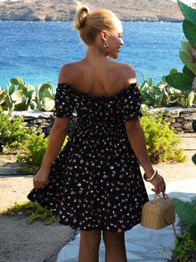 Sandy Gomes Resort Style Off Shoulder Ruffle High Waist Summer Beach Women's Dress - Black - View 3