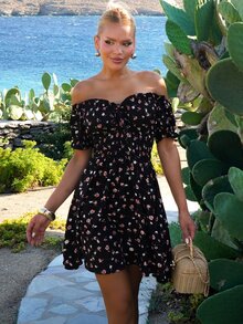 Sandy Gomes Resort Style Off Shoulder Ruffle High Waist Summer Beach Women's Dress - Black - View 1