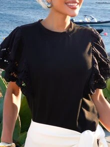 Sandy Gomes 女款黑色優雅刺繡鏤空荷葉蝙蝠袖T恤，寬鬆針織拼接上衣，適合夏季、早午餐、法式度假、日常穿著、通勤 - 黑色 - 查看 5