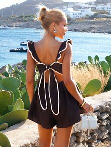 Sandy Gomes Women's Vacation Casual Tie-Front Backless Ruffle Hem Romper - Brown - View 1