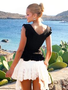 Sandy Gomes Women's Ruffled Polka Dot Korean Style Summer T-Shirt - Black - View 3