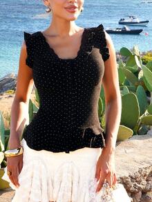Sandy Gomes Women's Ruffled Polka Dot Korean Style Summer T-Shirt - Black - View 4