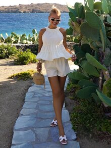 Sandy Gomes Women's Summer Casual Vacation & Commute Striped Print Frill Trim Halter Top And Shorts 2-Piece Set - Apricot - View 2