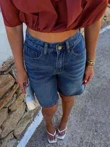 Sandy Gomes Summer Casual Wide Leg Denim Shorts Jorts - Medium Wash - View 3