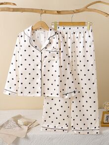 Kids Tween Girl 2pcs/Girls Elegant Polka Dot Print Cool Home Wear 2 Pieces Set, Suitable For Outdoor Wear - Apricot - View 4