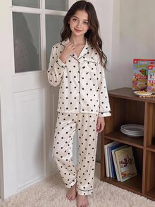 Kids Tween Girl 2pcs/Girls Elegant Polka Dot Print Cool Home Wear 2 Pieces Set, Suitable For Outdoor Wear - Apricot - View 3