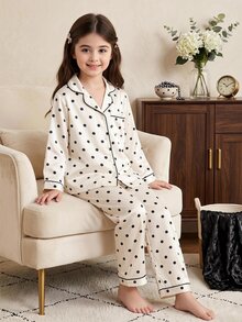 Kids Tween Girl 2pcs/Girls Elegant Polka Dot Print Cool Home Wear 2 Pieces Set, Suitable For Outdoor Wear - Apricot - View 2