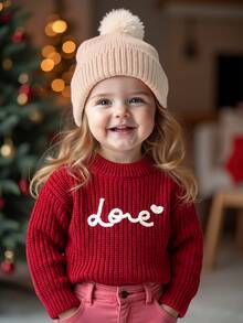 SHEIN Baby Girl Baby Boy Cute Letter Jacquard Contrast Color Pattern All-Match Versatile Crew Neck Pullover Autumn Sweater, Thick For Winter - Burgundy - View 4
