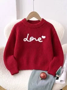 SHEIN Baby Girl Baby Boy Cute Letter Jacquard Contrast Color Pattern All-Match Versatile Crew Neck Pullover Autumn Sweater, Thick For Winter - Burgundy - View 9