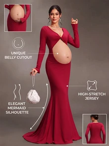 Cheriluna Maternity Maternity Long Sleeve Deep V-Neck Knot Belly Cutout ...