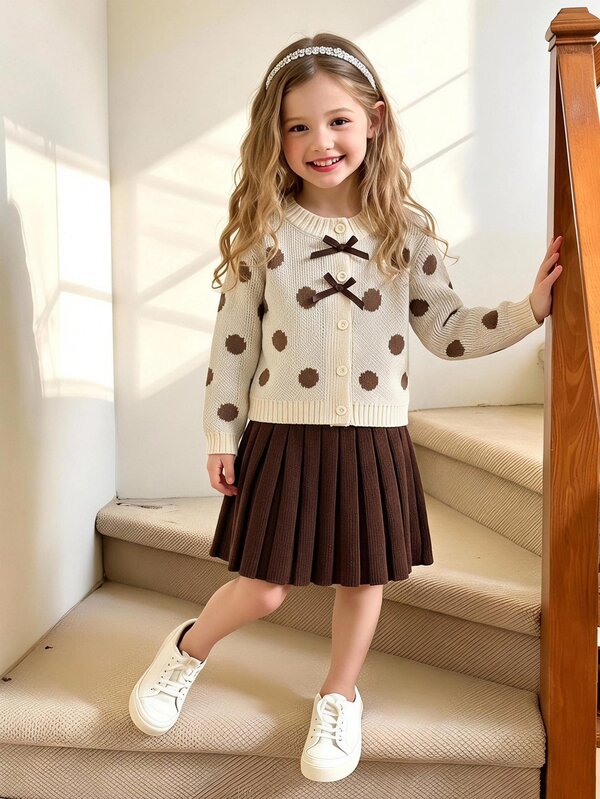 SHEIN Girls' Autumn/Winter Fashion Polka Dot Jacquard Bow Decor Knitted Cardigan & Pleated Umbrella Skirt Set
