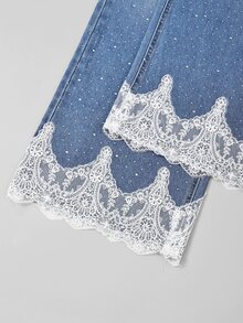 GlowEve 女款休閒浪漫蕾絲百搭牛仔褲，附口袋，蕾絲拼接設計，適合日常穿著與約會，淺藍色，夏季秋冬通用，優雅風格 - 藍色 - 查看 4