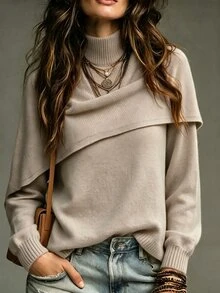 SHEIN Mock Two-Piece Layered Knit Top With Attached Mock Neck Shawl. Relax Drop Shoulder Shape, Classic Ri - Apricot - View 3