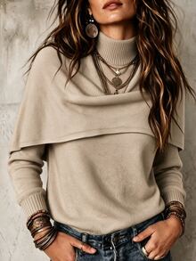 SHEIN Mock Two-Piece Layered Knit Top With Attached Mock Neck Shawl. Relax Drop Shoulder Shape, Classic Ri - Apricot - View 8