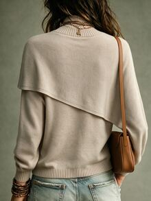 SHEIN Mock Two-Piece Layered Knit Top With Attached Mock Neck Shawl. Relax Drop Shoulder Shape, Classic Ri - Apricot - View 2