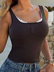 Sandy Gomes Women's Casual Fashion Lace Patchwork Pleated Camisole - Brown - View 4