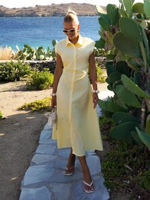 Sandy Gomes 女士蓝白条纹泡泡袖A字中长连衣裙，系带衬衫裙，休闲通勤翻领连衣裙，收腰条纹办公中长裙，适合春、夏、秋季，优雅百搭，通勤、约会、工作、返校、教师节、正式场合、商务通勤，简约连衣裙 - 黃色 - 查看 4