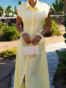 Sandy Gomes 女士蓝白条纹泡泡袖A字中长连衣裙，系带衬衫裙，休闲通勤翻领连衣裙，收腰条纹办公中长裙，适合春、夏、秋季，优雅百搭，通勤、约会、工作、返校、教师节、正式场合、商务通勤，简约连衣裙 - 黃色 - 查看 3
