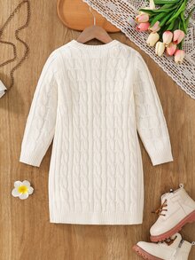 SHEIN 女童麻花編織舒適長袖毛衣連身裙，適合秋季休閒日常穿著 - 米色 - 查看 2