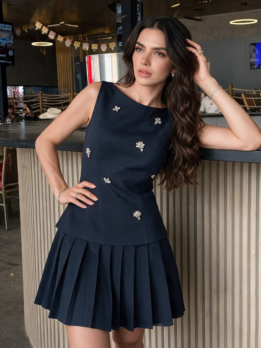 Anewsta Gaun A-line Tanpa Lengan Berhiaskan Rhinestone Gaya Mewah Prancis yang Elegan, Mempertegas Pinggang, Warna Biru Tua, Cocok untuk Acara Brunch, Musim Panas/Gugur - Navy Blue - View 1