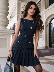 Anewsta Gaun A-line Tanpa Lengan Berhiaskan Rhinestone Gaya Mewah Prancis yang Elegan, Mempertegas Pinggang, Warna Biru Tua, Cocok untuk Acara Brunch, Musim Panas/Gugur - Navy Blue - View 6