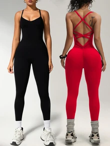 Velisys Velisys 女款無縫背腰V字交叉肩帶露背跑步健身休閒性感運動瑜伽短款連身褲，黑色紅色，夏季健身房適用 - 彩色 - 查看 3