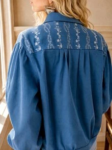 SHEIN Women's Casual Lightweight Jacket With Embroidery Print, Loose Fit Denim Effect Outerwear For Autumn - Blue - View 2