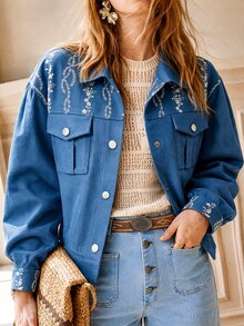 SHEIN Women's Casual Lightweight Jacket With Embroidery Print, Loose Fit Denim Effect Outerwear For Autumn - Blue - View 1