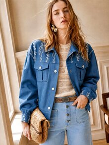 SHEIN Women's Casual Lightweight Jacket With Embroidery Print, Loose Fit Denim Effect Outerwear For Autumn - Blue - View 4