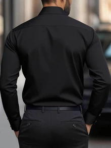 Calvornis Men Plus Size Crown Embroidery Design Casual Business Long Sleeve Shirt, Black, Autumn, Smart, Office, Old Money , Ceremony, Formal - Black - View 2