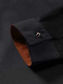Calvornis Men Plus Size Crown Embroidery Design Casual Business Long Sleeve Shirt, Black, Autumn, Smart, Office, Old Money , Ceremony, Formal - Black - View 6
