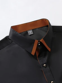 Calvornis Men Plus Size Crown Embroidery Design Casual Business Long Sleeve Shirt, Black, Autumn, Smart, Office, Old Money , Ceremony, Formal - Black - View 4